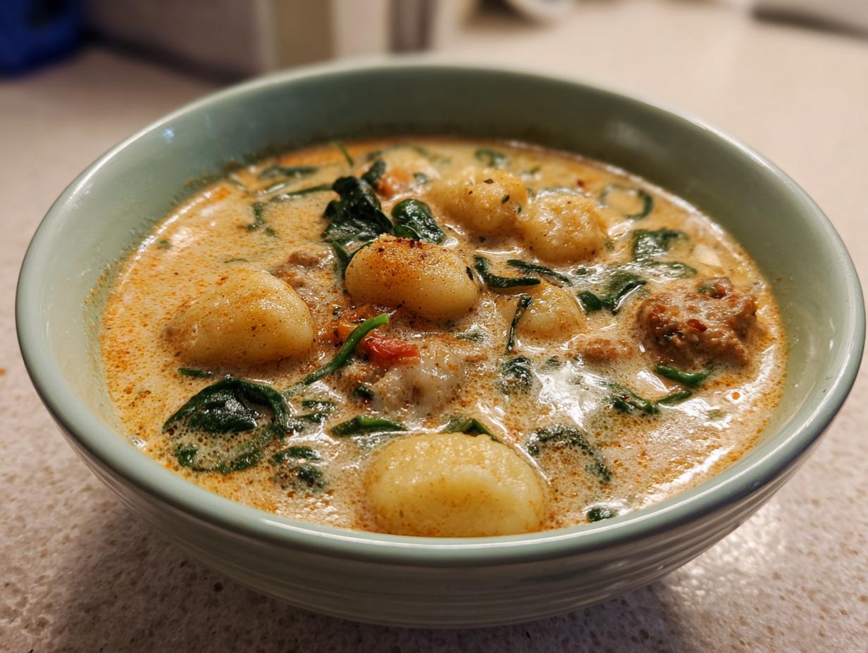 Close-up of a light green bowl filled with creamy sausage gnocchi soup, featuring soft gnocchi, spinach, and sausage chunks.