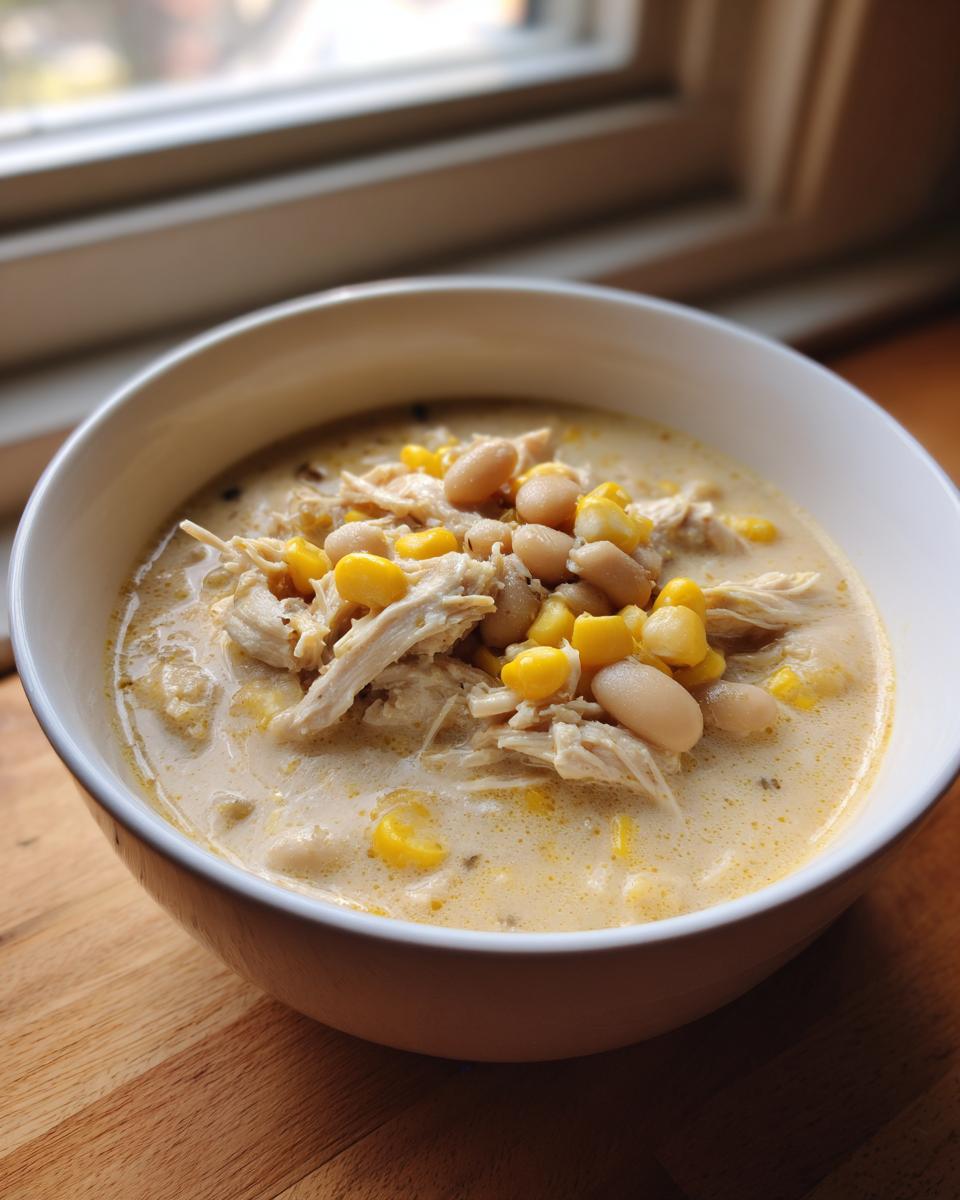 A close-up of a white bowl filled with creamy white chicken chili, topped with shredded chicken, white beans, and corn kernels.