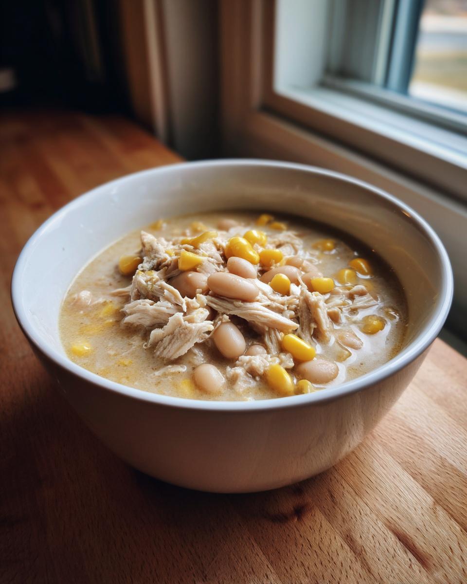 Close-up of a hearty bowl of creamy white chicken chili topped with shredded chicken, white beans, and corn kernels.