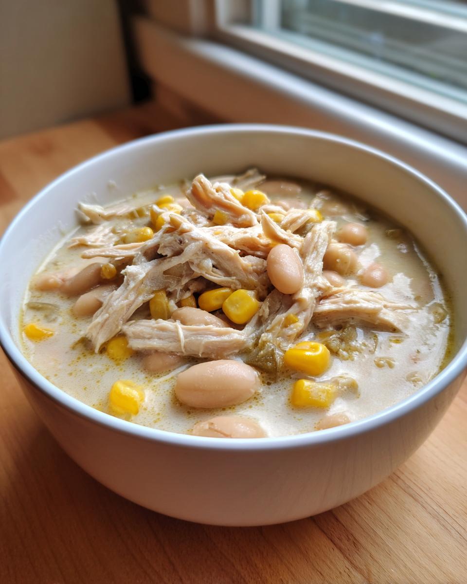 Close-up of a white bowl filled with creamy white chicken chili, featuring shredded chicken, white beans, and yellow corn kernels.