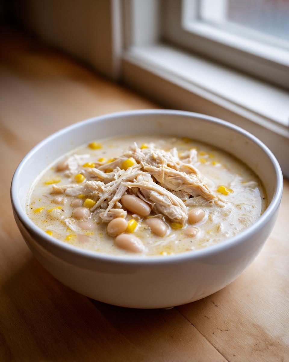 A white bowl filled with creamy white chicken chili, topped with shredded chicken, white beans, and corn kernels.