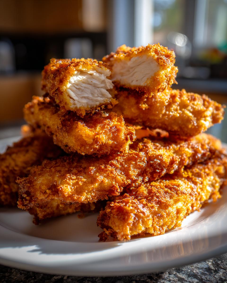 A stack of golden brown, crispy air fryer chicken tenders, with one broken open showing juicy white meat inside.