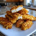 A stack of golden brown, crispy air fryer chicken tenders on a white plate, one piece broken open showing white meat.