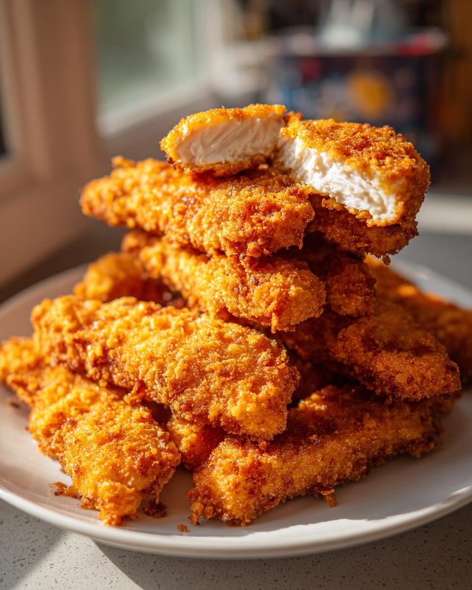 A stack of golden brown, crispy air fryer chicken tenders with one piece broken open to show the juicy white meat inside.