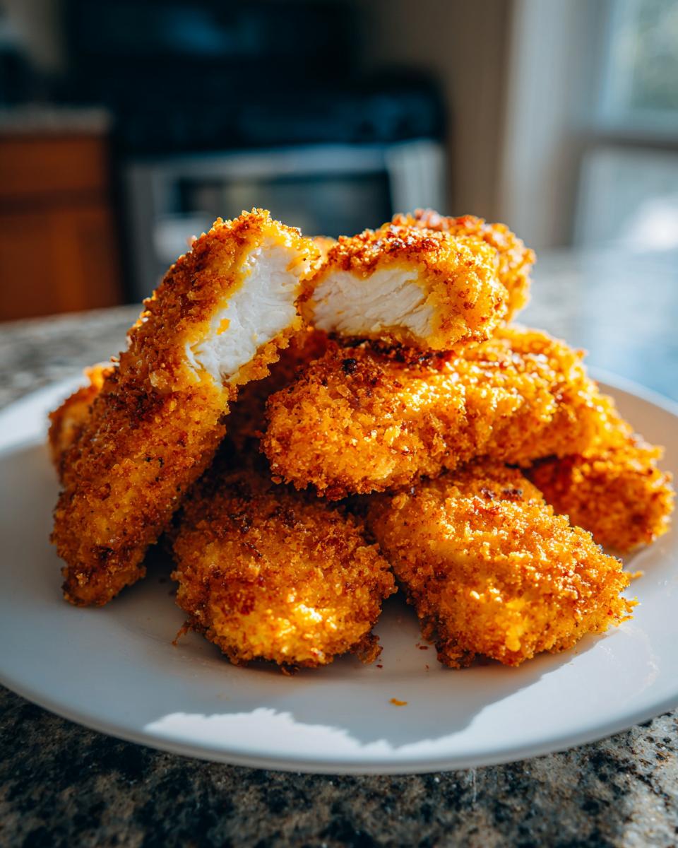 A stack of golden brown, crispy air fryer chicken tenders, with one tender broken open showing juicy white meat inside.
