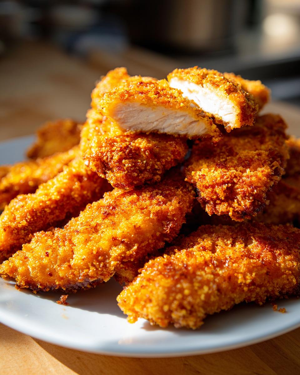 A pile of golden brown, crispy air fryer chicken tenders, with one piece cut open showing juicy white meat inside.