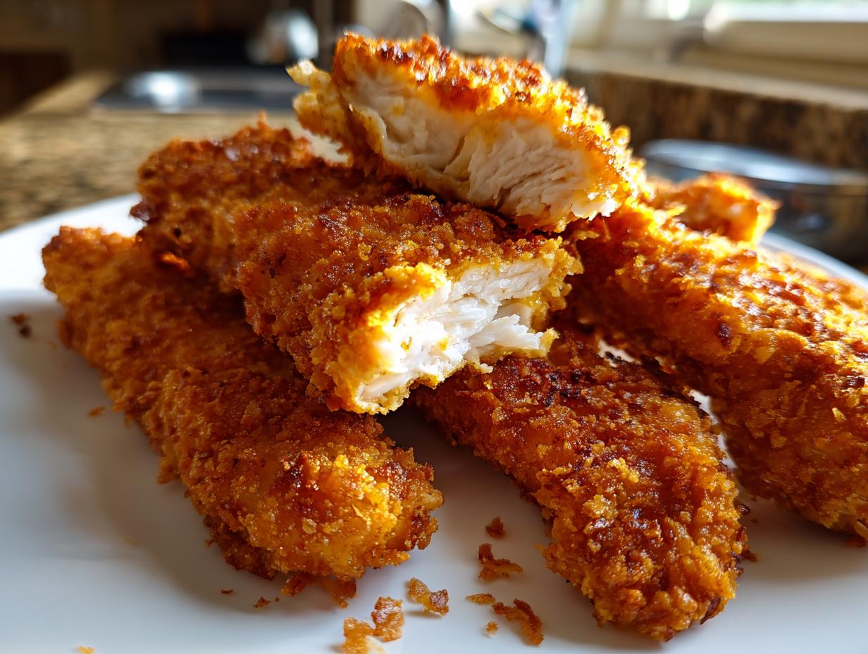A stack of golden brown, crispy air fryer chicken tenders, one broken open to show the juicy white meat inside.