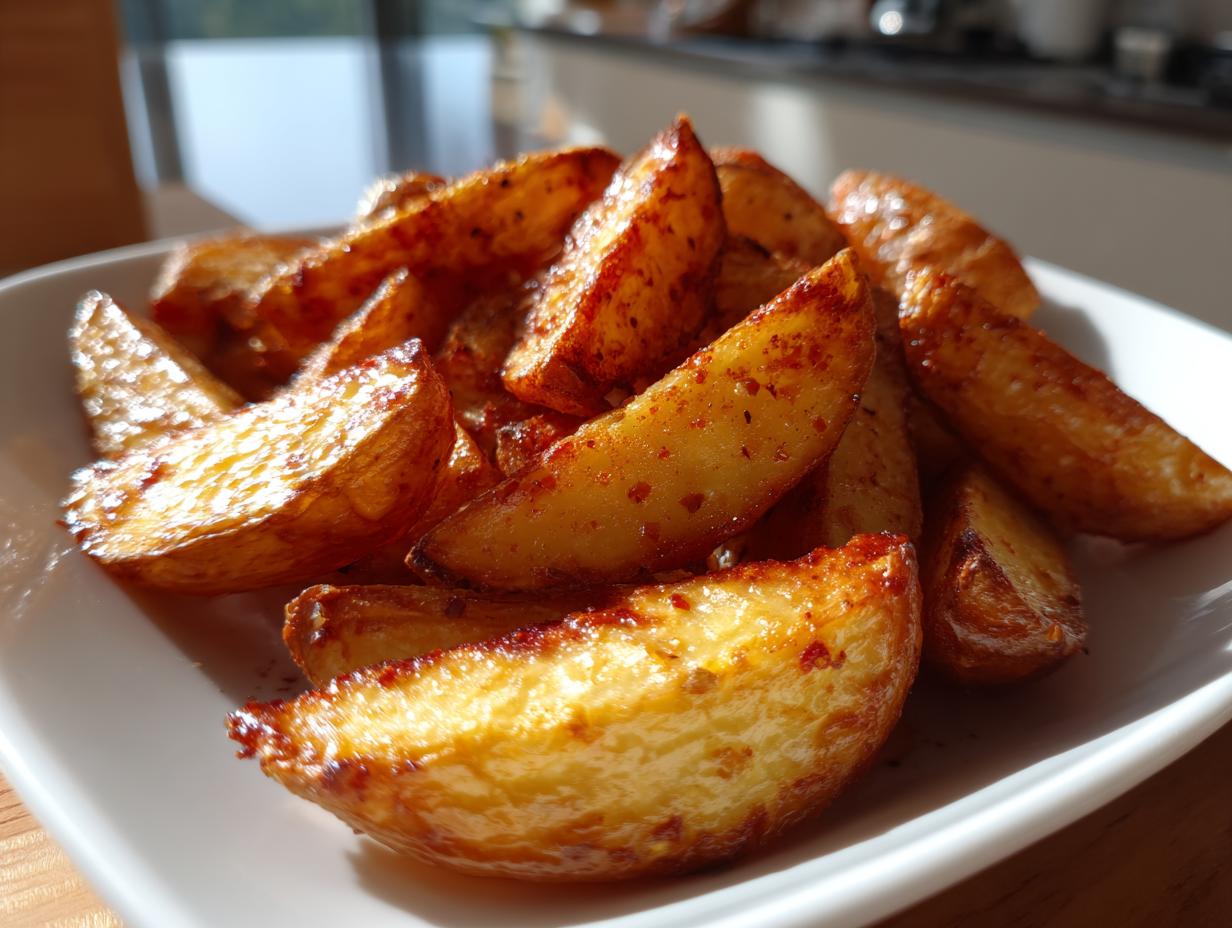 A close-up of golden brown, seasoned air fryer potato wedges piled on a white dish, catching bright sunlight.