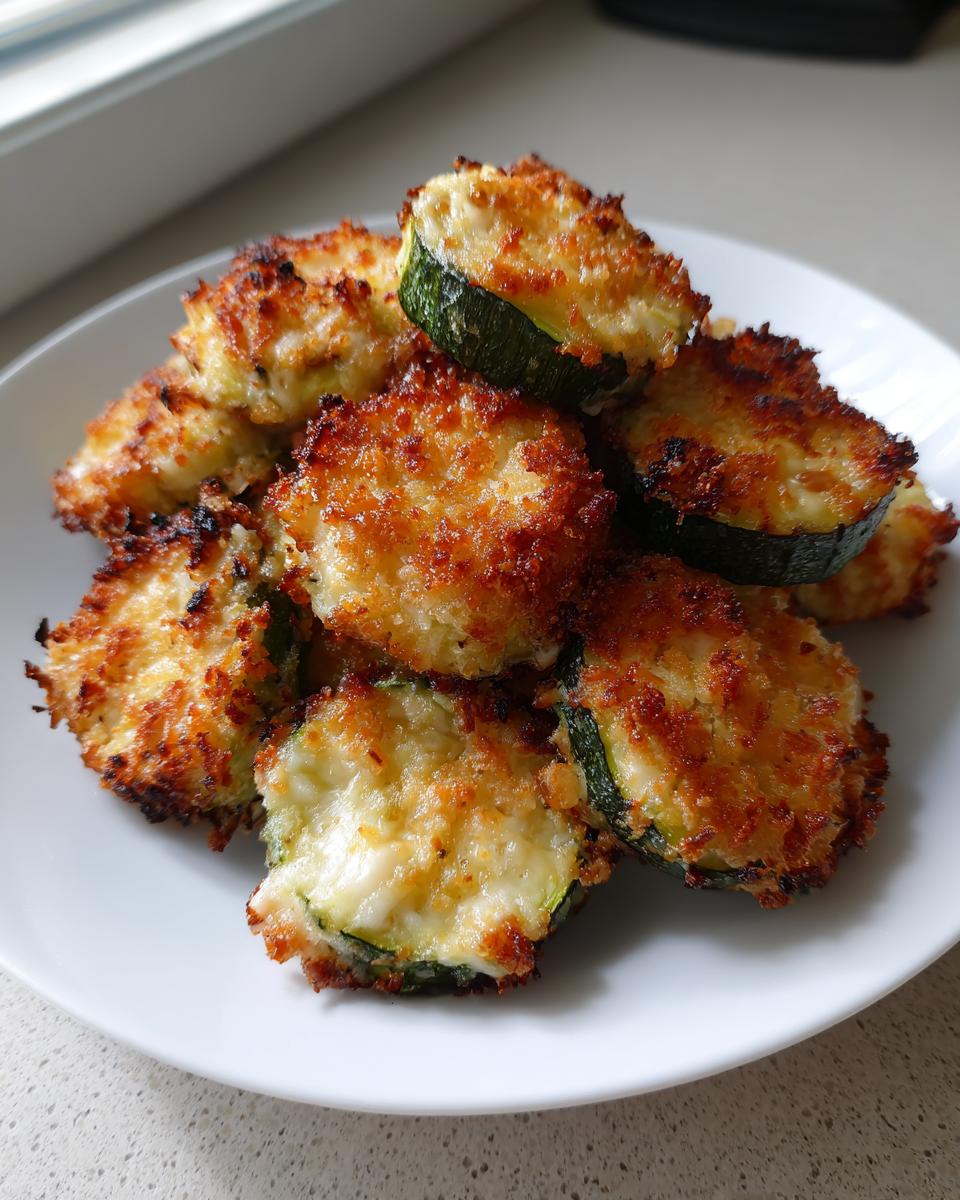 A pile of golden brown, crispy baked parmesan zucchini slices stacked on a white plate.