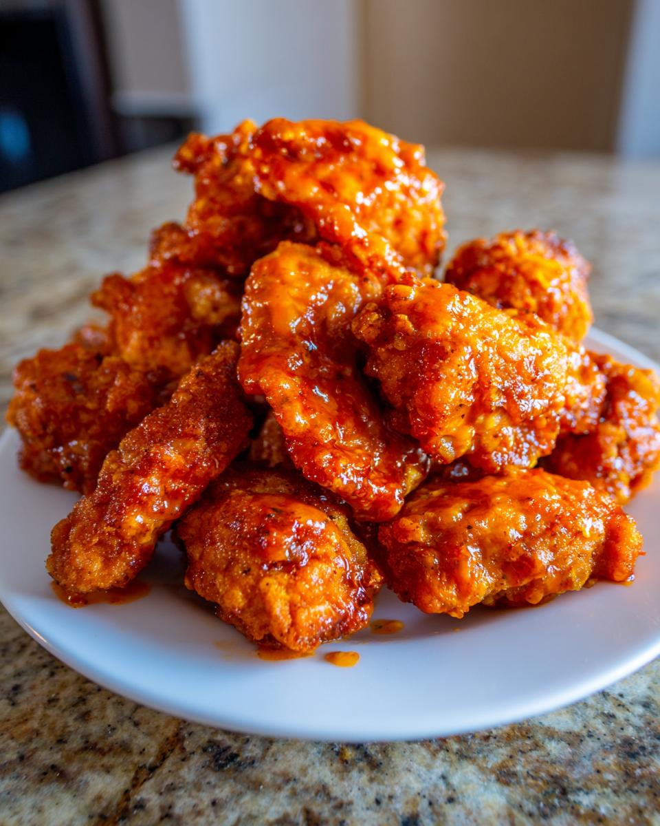A close-up of crispy, saucy pieces of bang bang chicken piled high on a white plate.