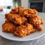Close-up of a pile of crispy, sauced bang bang chicken pieces served on a white plate.