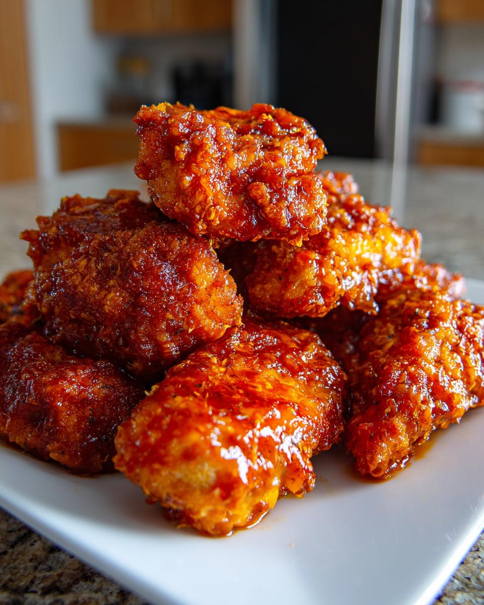 Close-up of crispy fried chicken pieces piled on a white plate, coated in a glossy, reddish-orange bang bang chicken sauce.