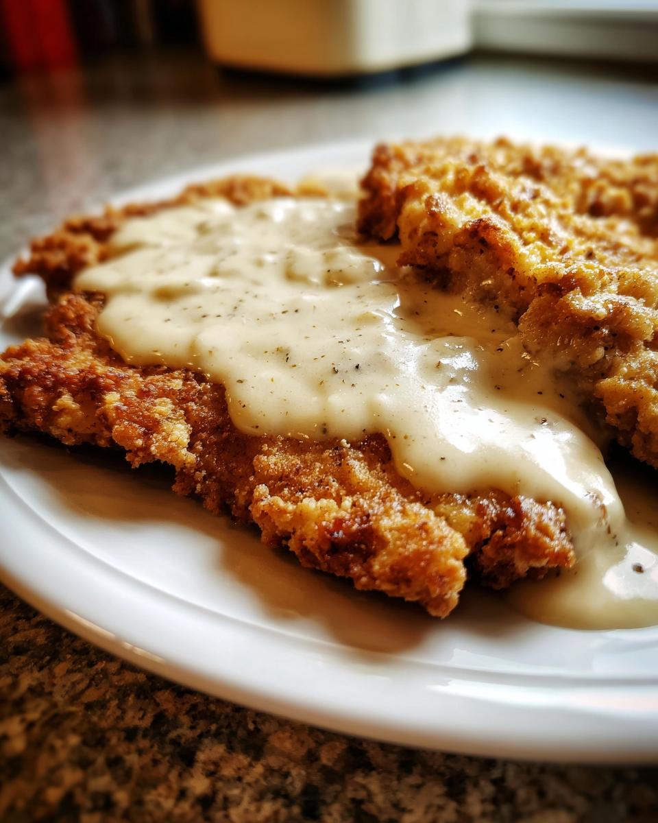 Close-up of crispy, golden brown chicken fried steak smothered in creamy, peppered white gravy.