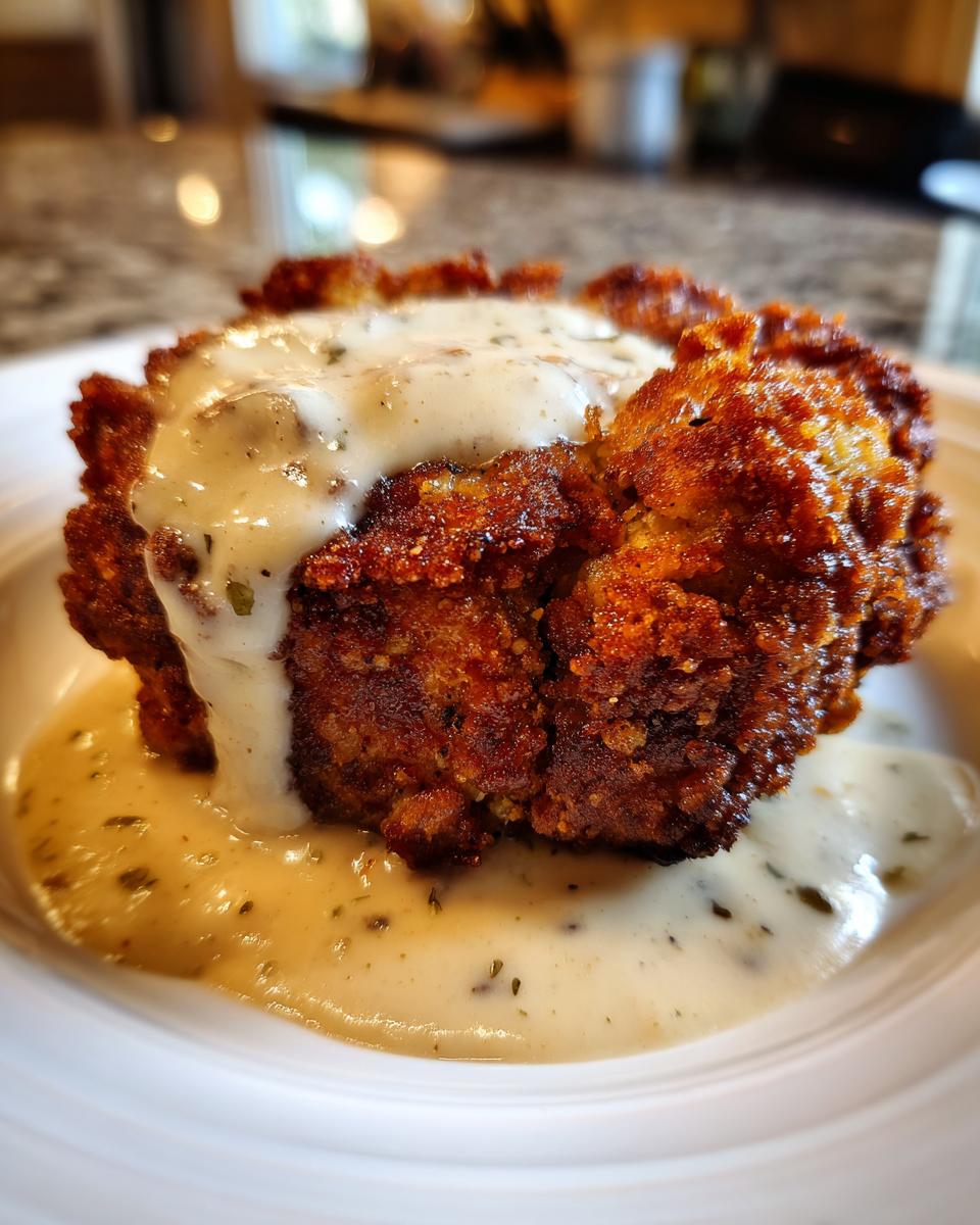 Close-up of a perfectly breaded and fried chicken fried steak smothered in white pepper gravy.