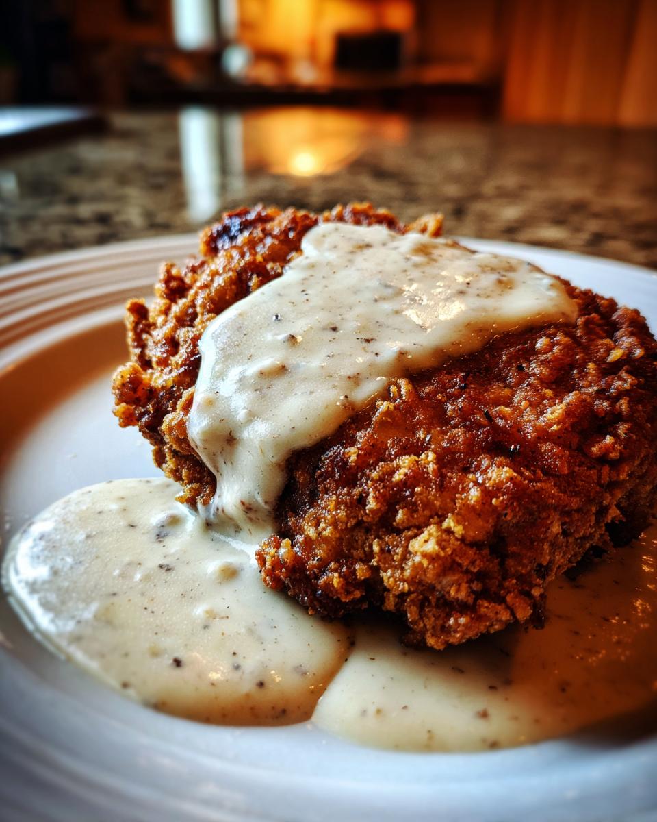 Close-up of a crispy, golden-brown chicken fried steak smothered in creamy, black-peppered gravy.