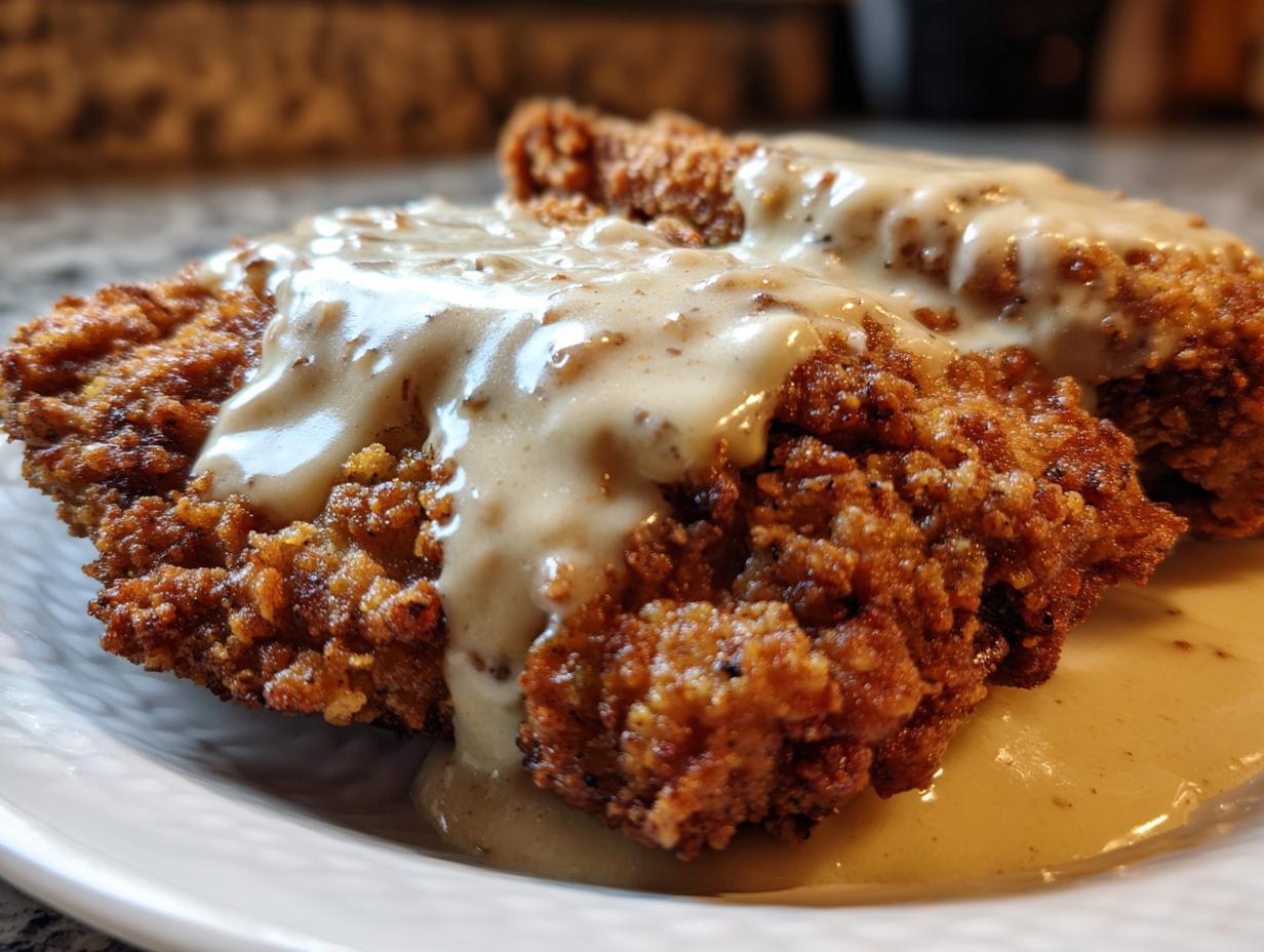 Close-up of a perfectly crispy chicken fried steak smothered in creamy, peppered country gravy.