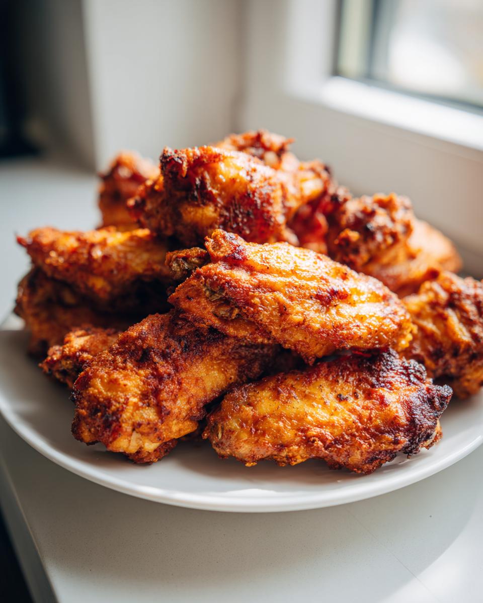 A close-up shot of a mound of perfectly cooked, crispy golden brown chicken wing pieces piled high on a white plate.