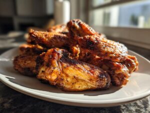A pile of perfectly crispy, golden-brown chicken wing pieces stacked on a white plate, backlit by sunlight.