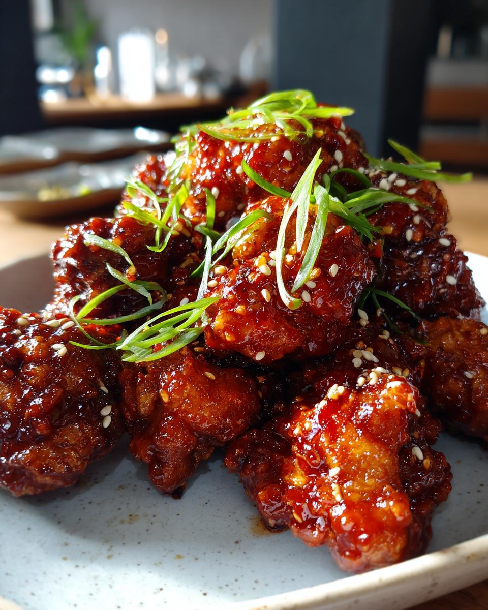 A close-up of sticky, glazed korean fried chicken pieces topped with sesame seeds and fresh green onions.
