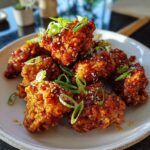 A plate piled high with crispy Korean fried chicken pieces coated in a shiny, spicy glaze and topped with sesame seeds and green onions.