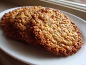 Two golden brown, crispy oatmeal lace cookies stacked slightly on a white plate, showing their textured surface.