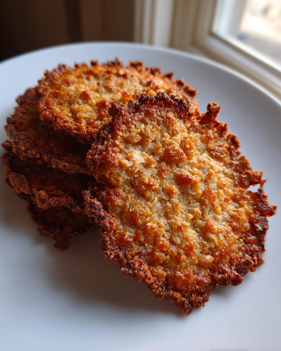 Close-up of several golden brown, crispy oatmeal lace cookies stacked on a white plate near a window.