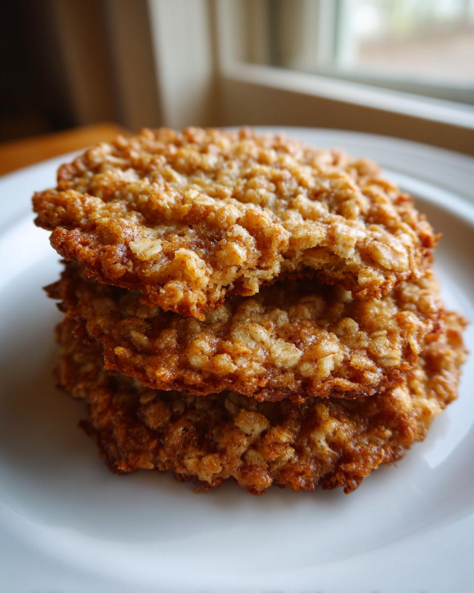 A stack of three golden brown, crispy oatmeal lace cookies resting on a white plate near a window.