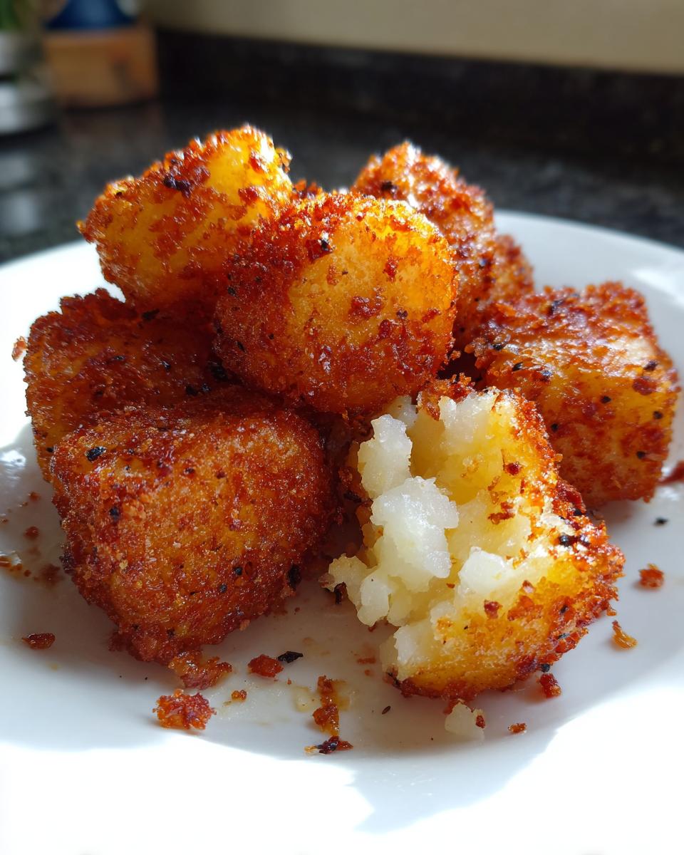 Close-up of incredibly crispy roast potatoes showing a fluffy interior, highlighting the crunch tip.