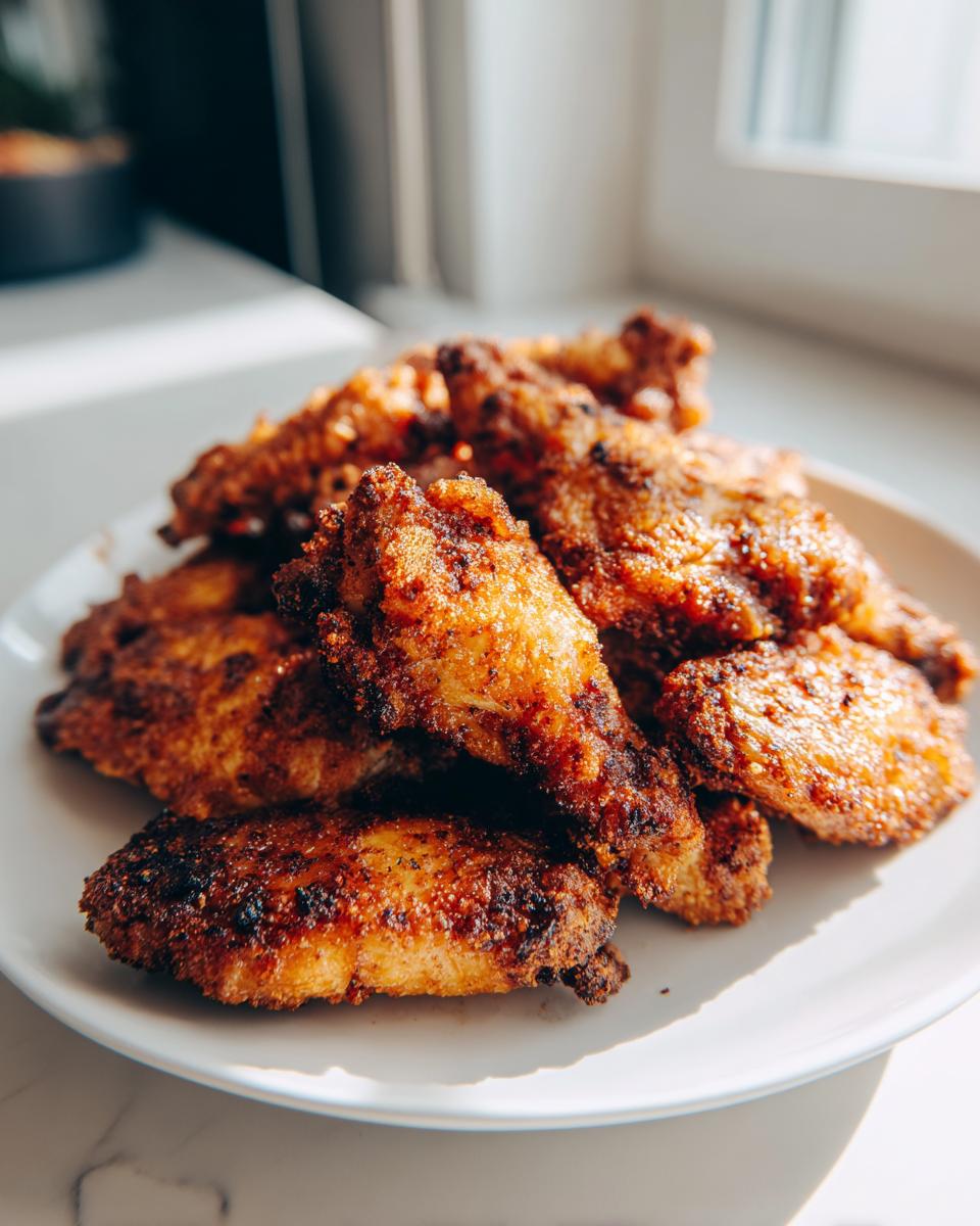 A close-up of a pile of golden brown, crispy chicken wing pieces seasoned with spices, sitting on a white plate.
