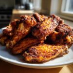 A pile of golden-brown, crispy seasoned chicken wing pieces served on a white plate.