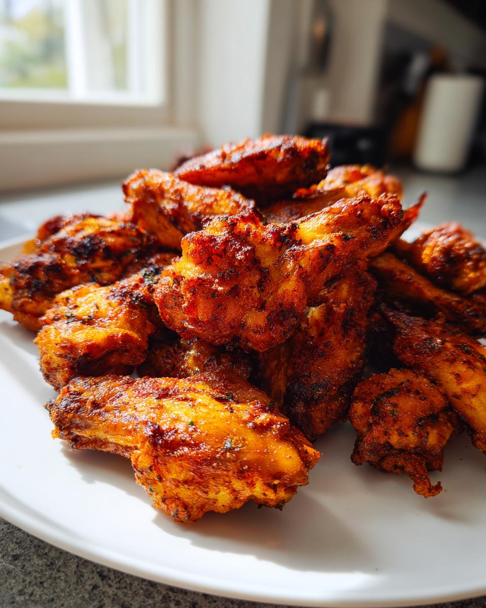 A close-up of a pile of perfectly crispy, seasoned chicken wing pieces served on a white plate.