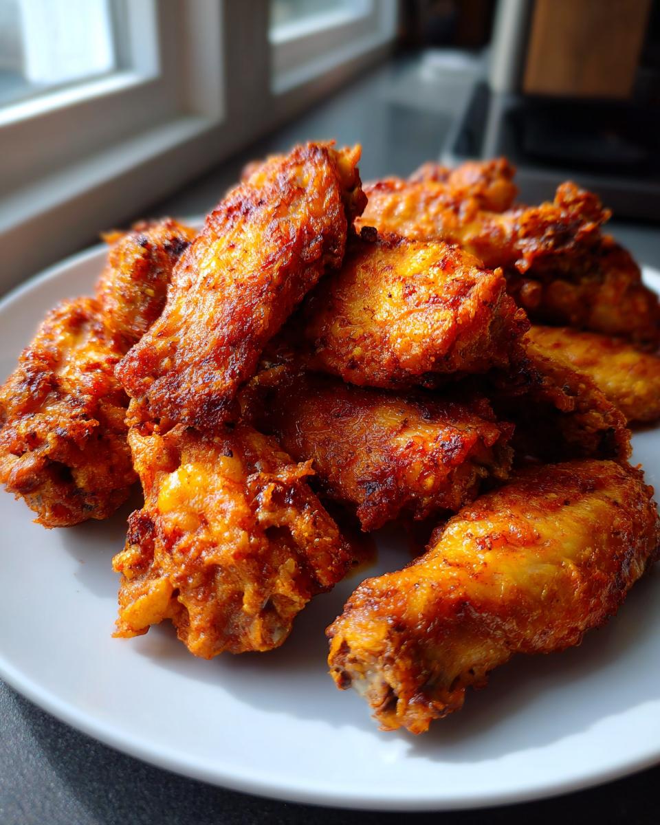 A pile of perfectly cooked, crispy, and richly seasoned chicken wing pieces served on a white plate.