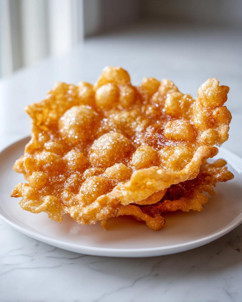A close-up of a freshly fried, golden brown buñuelos pastry dusted generously with white sugar.
