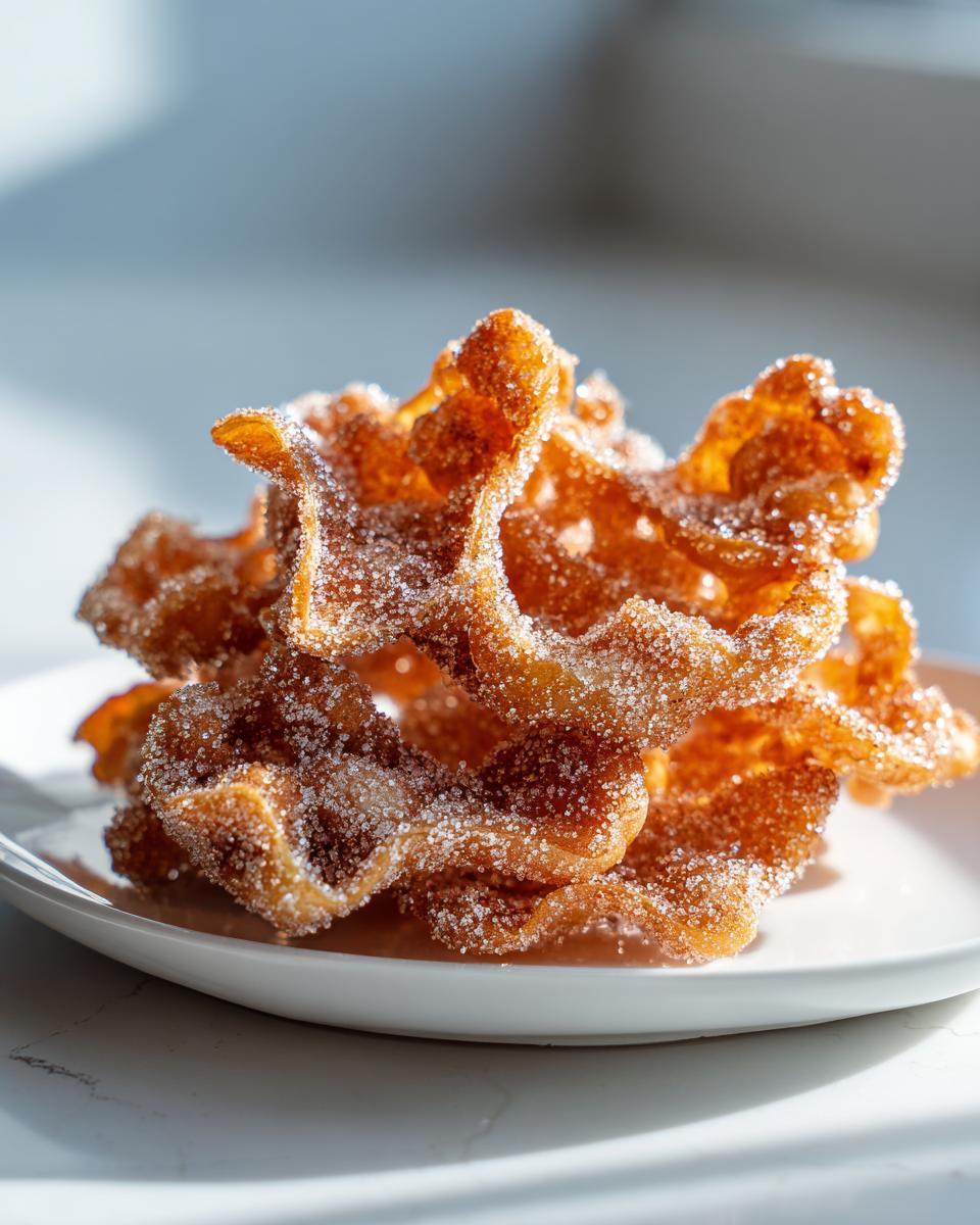 A close-up of a stack of golden brown, crispy buñuelos heavily coated in granulated sugar, served on a white plate.