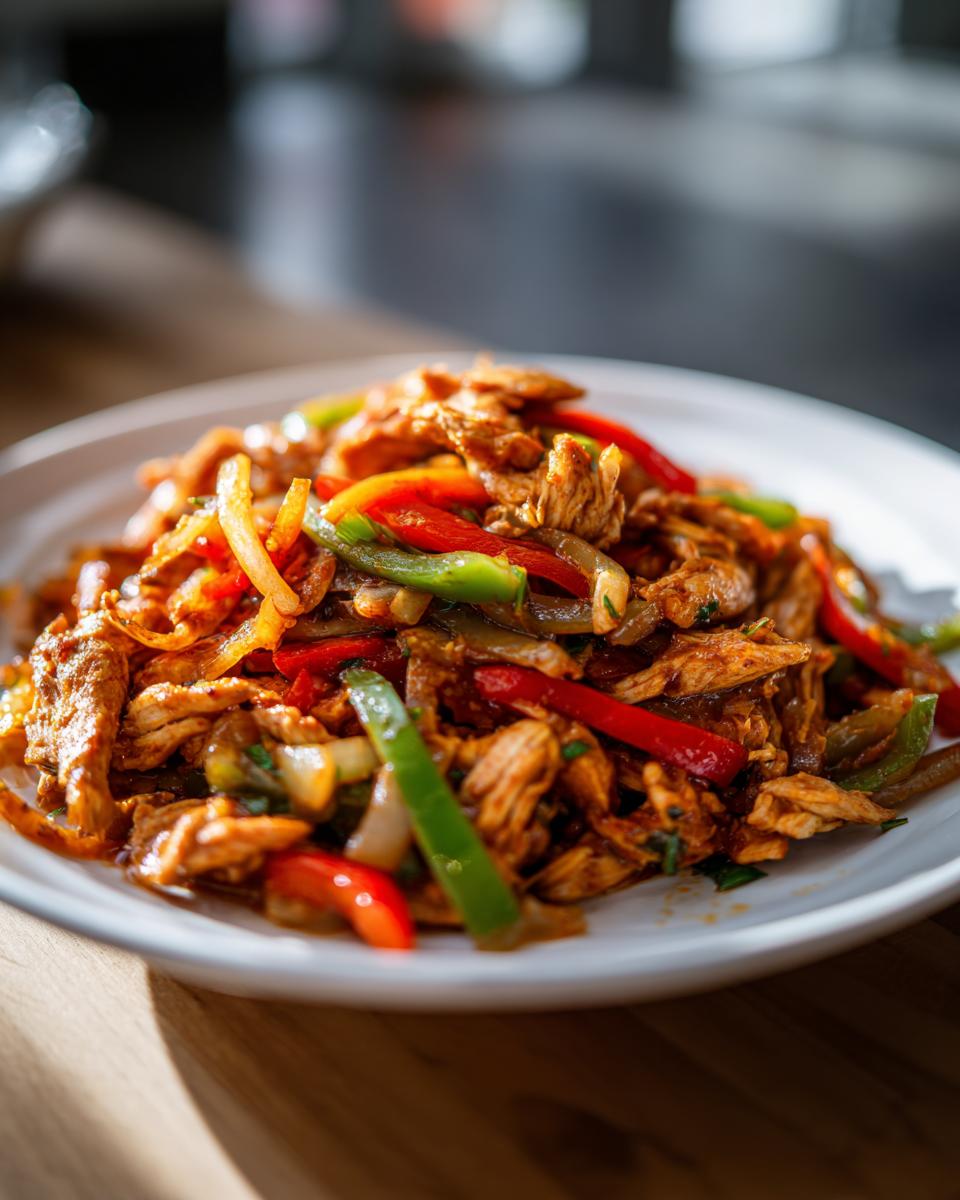Close-up of shredded chicken mixed with colorful bell peppers and onions, ready for crockpot chicken fajitas.
