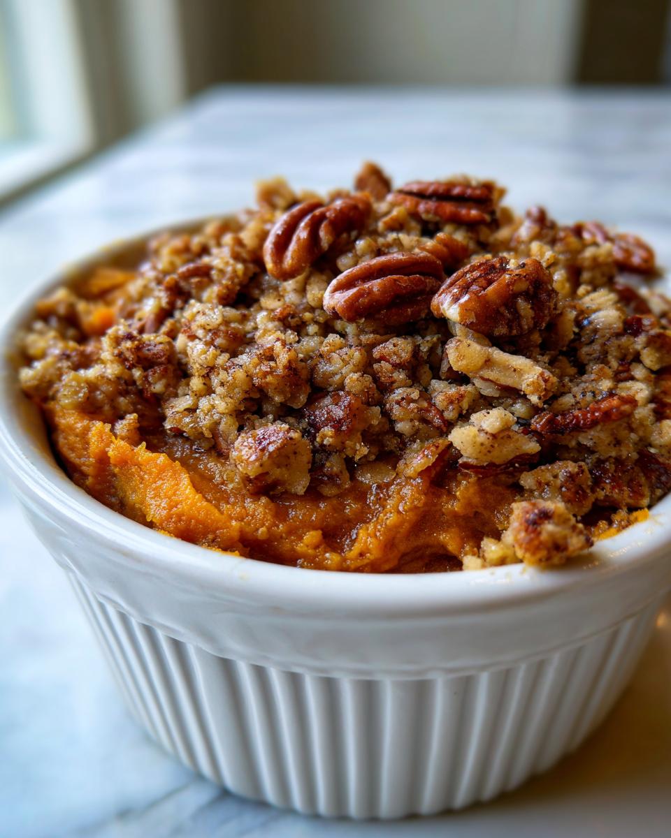 Close-up of a single serving of crockpot sweet potato casserole topped with crunchy pecan streusel.