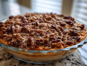 Close-up of a baked crockpot sweet potato casserole with a thick, crunchy pecan and brown sugar topping.