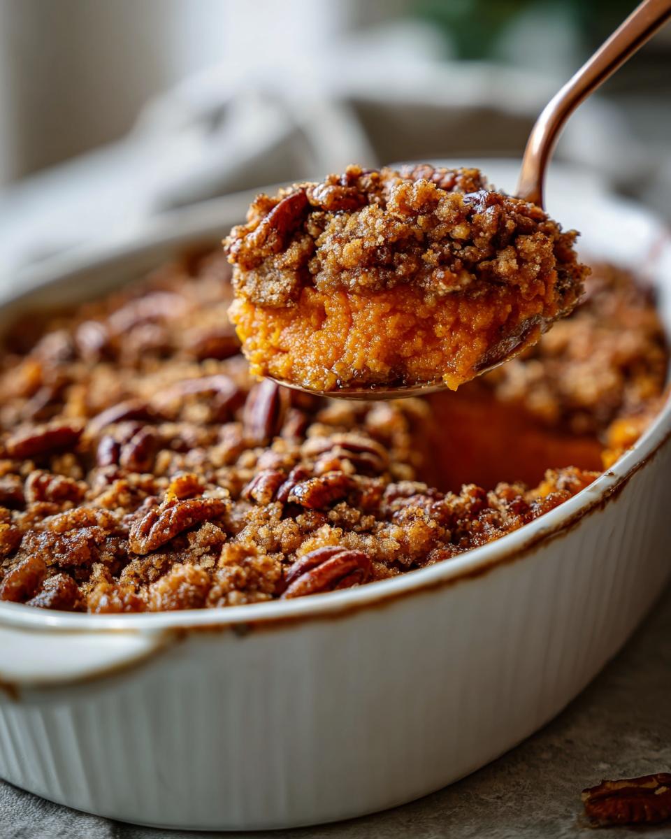 A spoonful of rich crockpot sweet potato casserole topped with brown sugar crumble and pecans being lifted from a white baking dish.