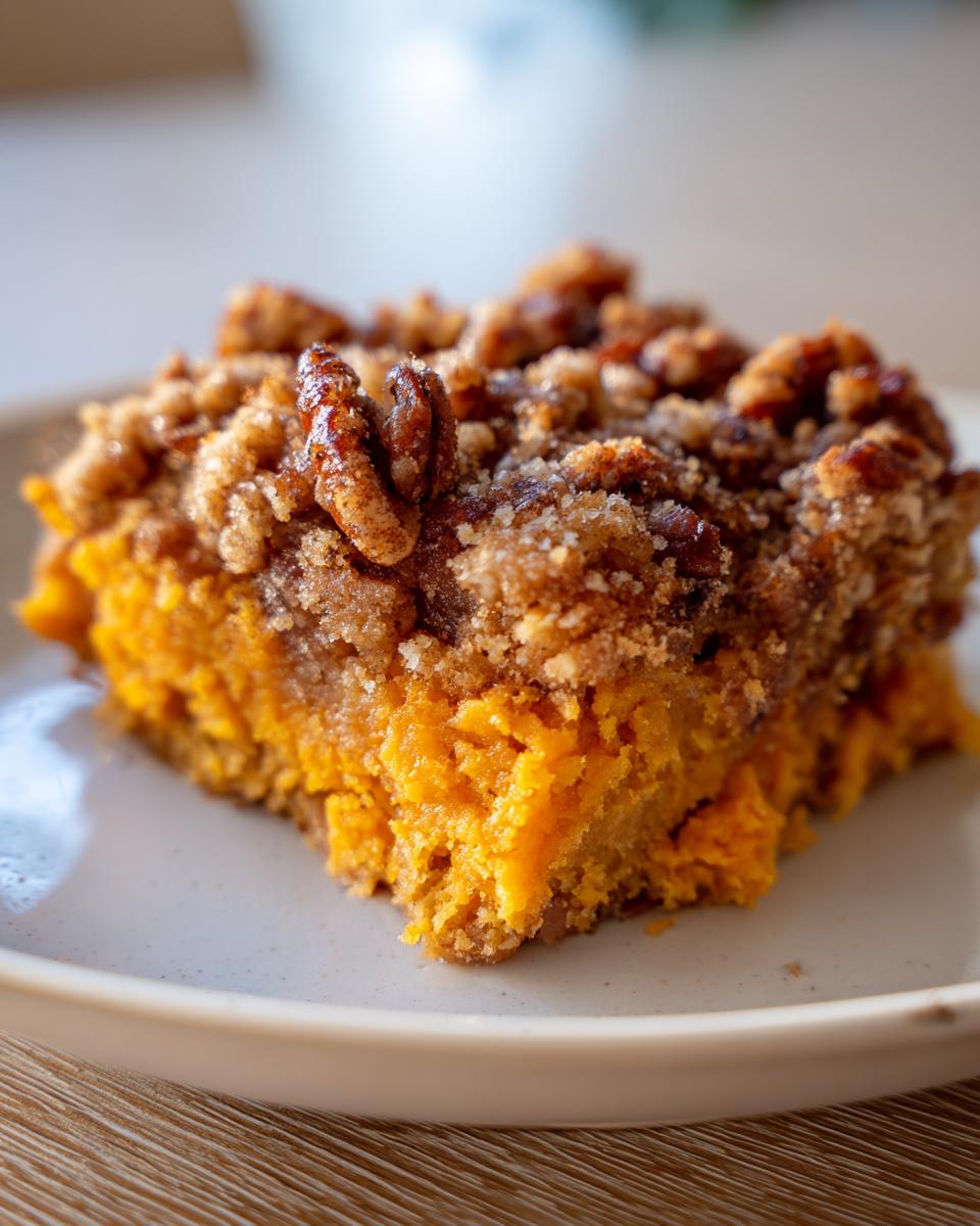 Close-up of a square serving of moist crockpot sweet potato casserole topped with a crunchy pecan and brown sugar streusel.