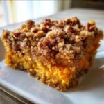 Close-up of a square slice of rich, orange crockpot sweet potato casserole topped with a crunchy pecan streusel.