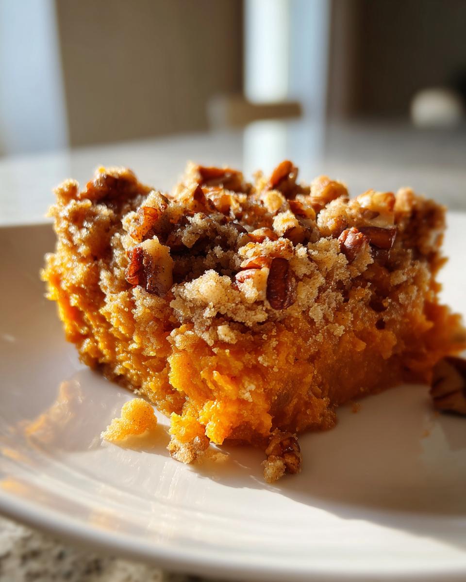 Close-up of a moist slice of crockpot sweet potato casserole topped with a crunchy pecan streusel.