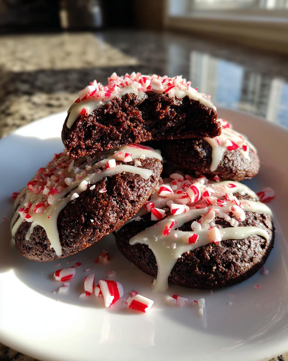 A stack of fudgy double chocolate peppermint cookies drizzled with white icing and crushed candy canes.