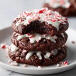 A stack of three fudgy double chocolate peppermint cookies, drizzled with white icing and topped with crushed candy canes.