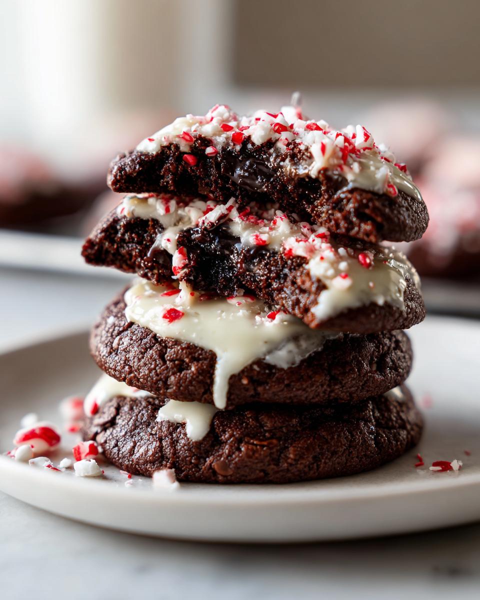 A stack of three fudgy double chocolate peppermint cookies topped with white glaze and crushed candy canes.