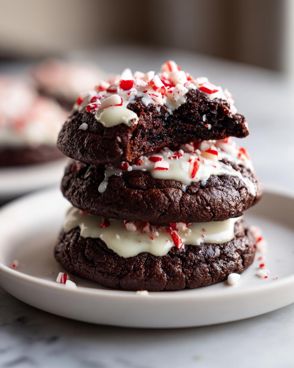 A stack of three fudgy double chocolate peppermint cookies, drizzled with white icing and topped with crushed candy canes.