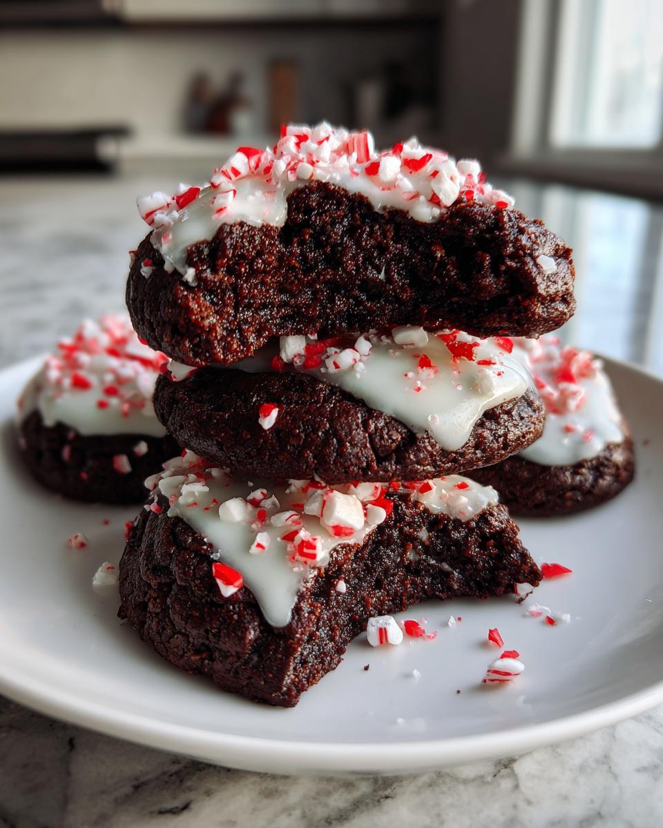 A stack of three fudgy double chocolate peppermint cookies, topped with white icing and crushed candy canes.