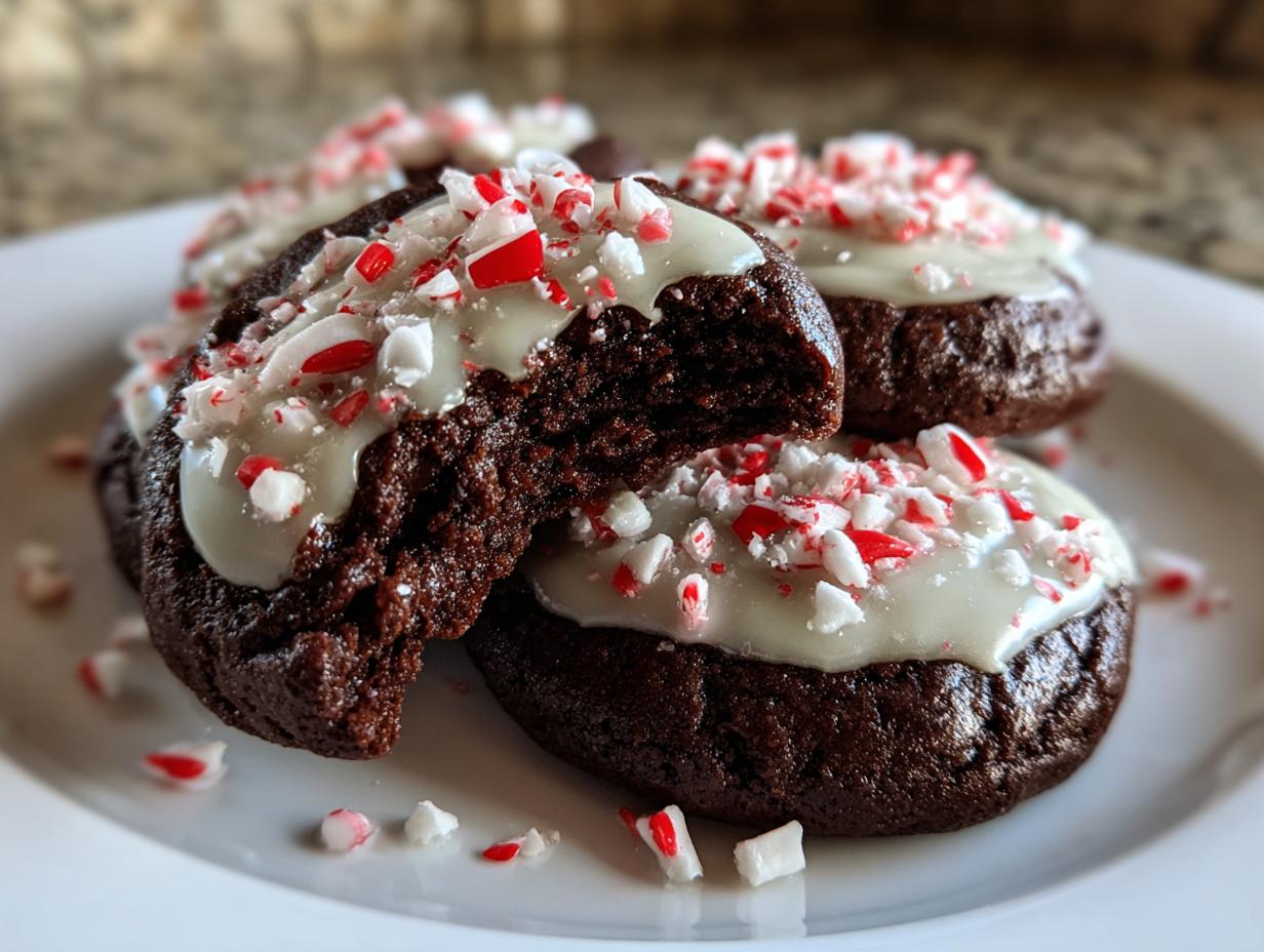 A close-up of rich, dark double chocolate peppermint cookies topped with white glaze and crushed candy canes.