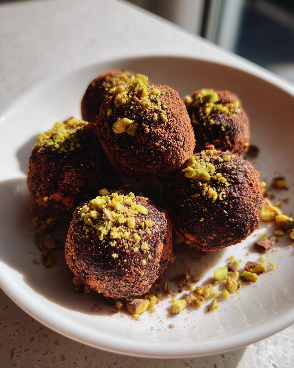 A close-up of several rich dubai chocolate balls dusted in cocoa powder and topped with chopped pistachios.