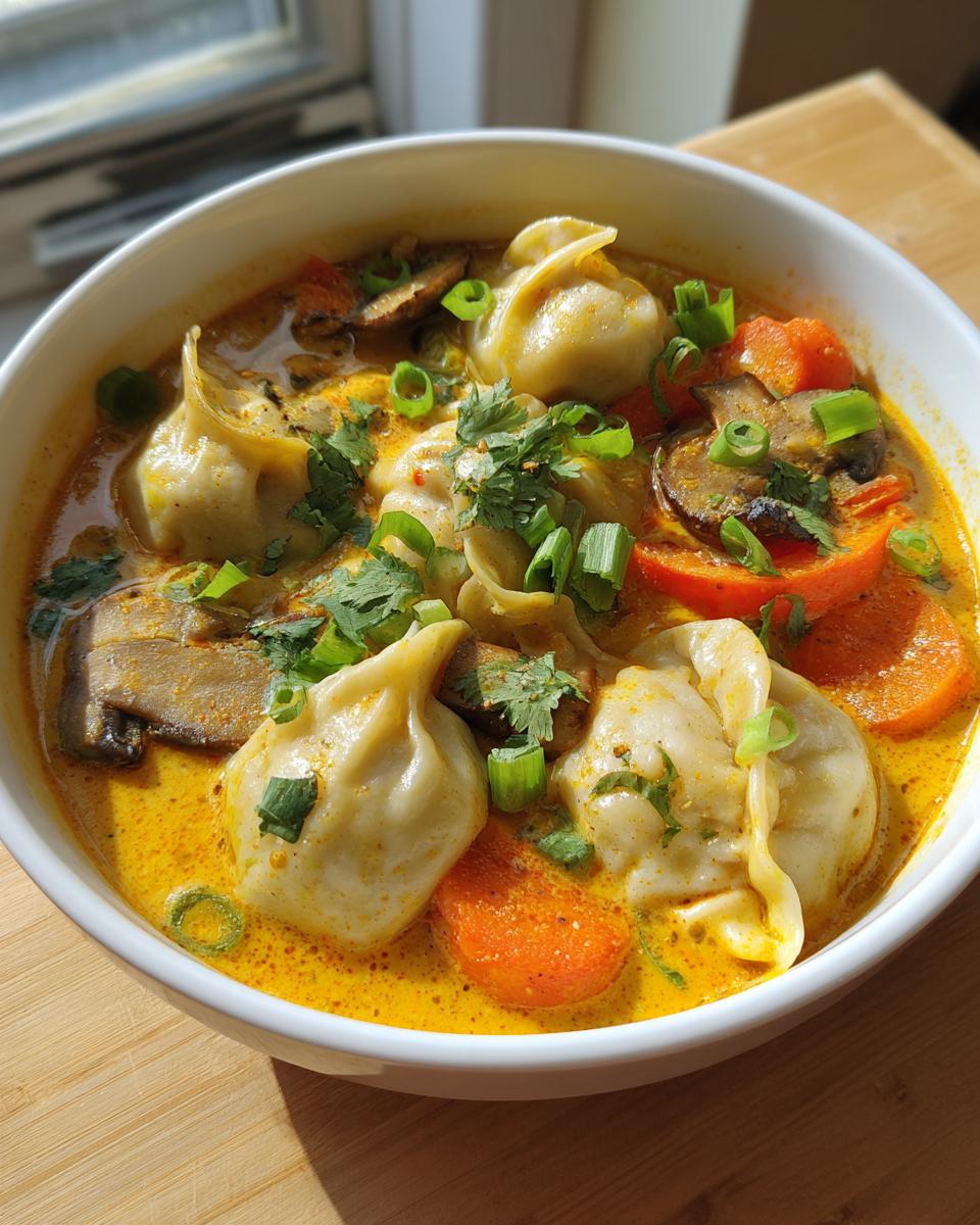 A close-up of a white bowl filled with creamy, yellow coconut curry soup featuring dumplings, sliced carrots, mushrooms, and fresh herbs.