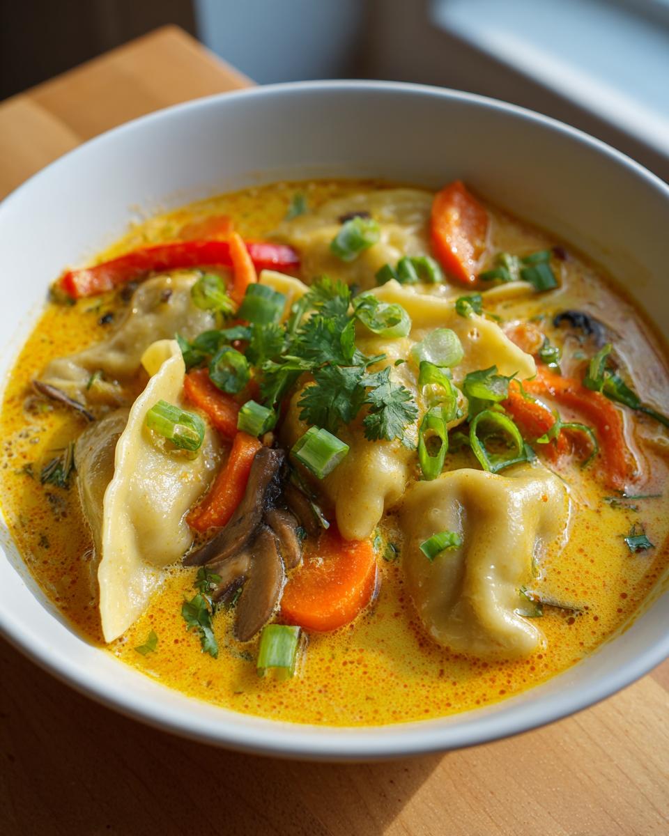 Close-up of dumplings submerged in a rich, yellow coconut curry soup, garnished with carrots, mushrooms, and green onions.